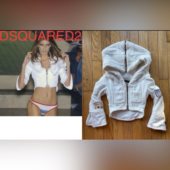 DSQUARED2 Jackets & Blazers - DSQUARED2 Vintage 2005 White Hooded Terry Cloth Cropped Zip Up Runway Jacket 40